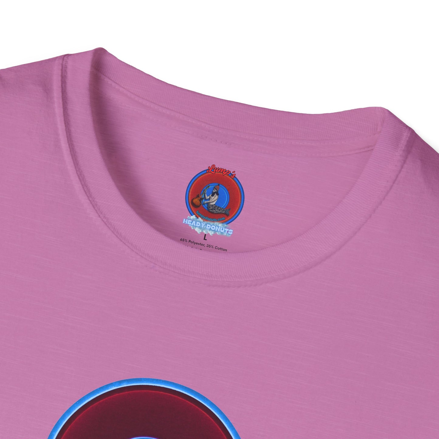 Classic Donut Tee - Unisex Soft-Style - "Brotherly Donuts Jawn" - vivid dark purple-red/light blue donut