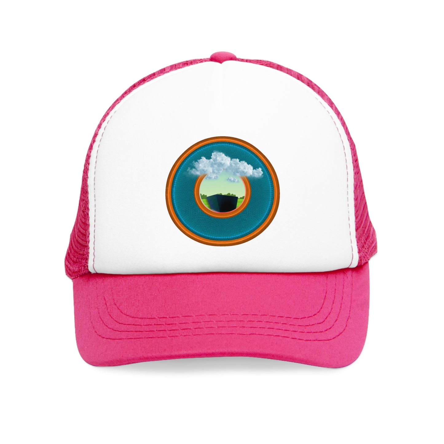 Lumpy Trucker Hat - "Got Rhombus?" - variant 5 - aquamarine/orange donut