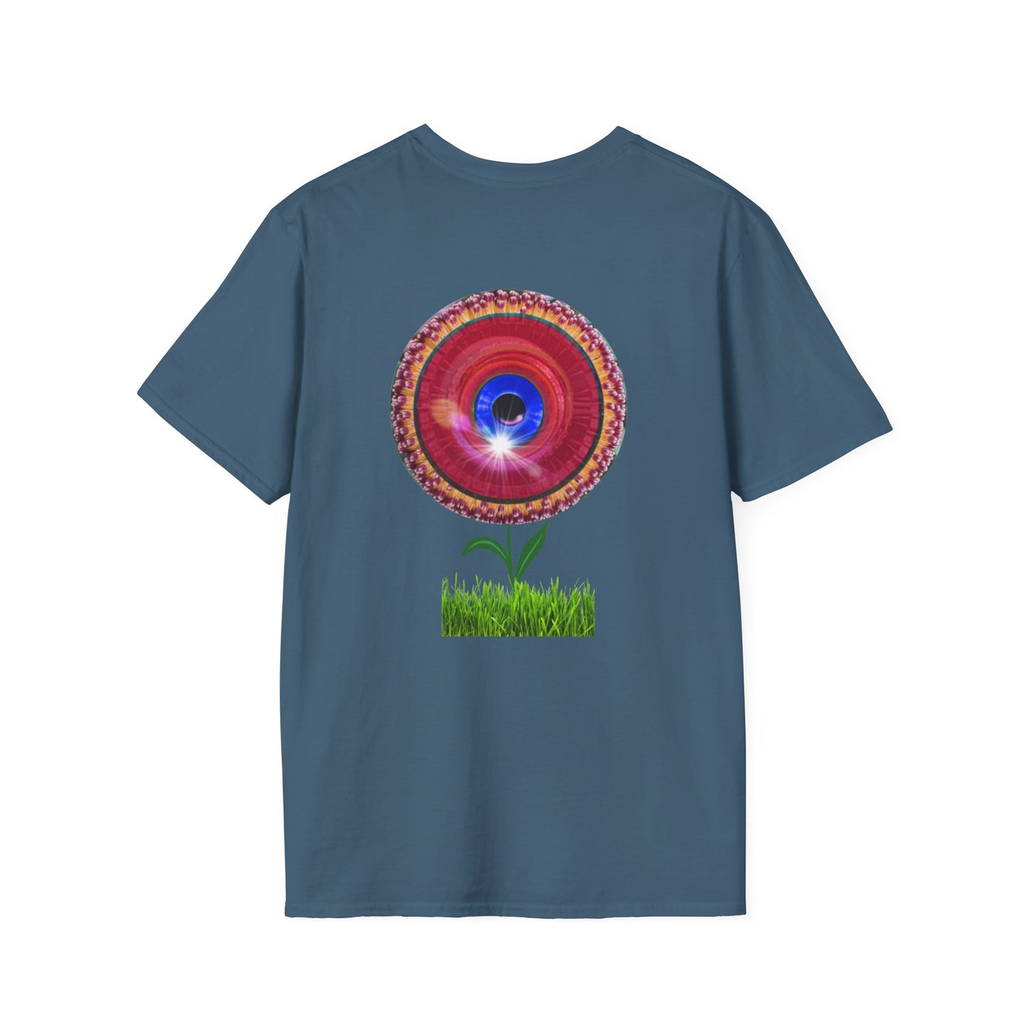 Classic Donut Tee - Unisex Soft-Style - "Smell the Donuts Outside on my Lawn"  " variant 1 - blue donut on red donut/flower