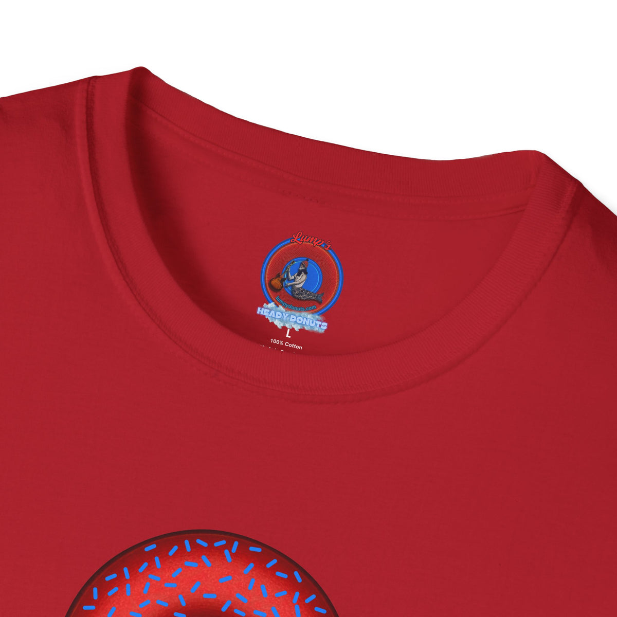 Classic Donut Tee - Unisex Soft-Style - "Plain Plump Donut w/" - plump red donut w/blue sprinkles