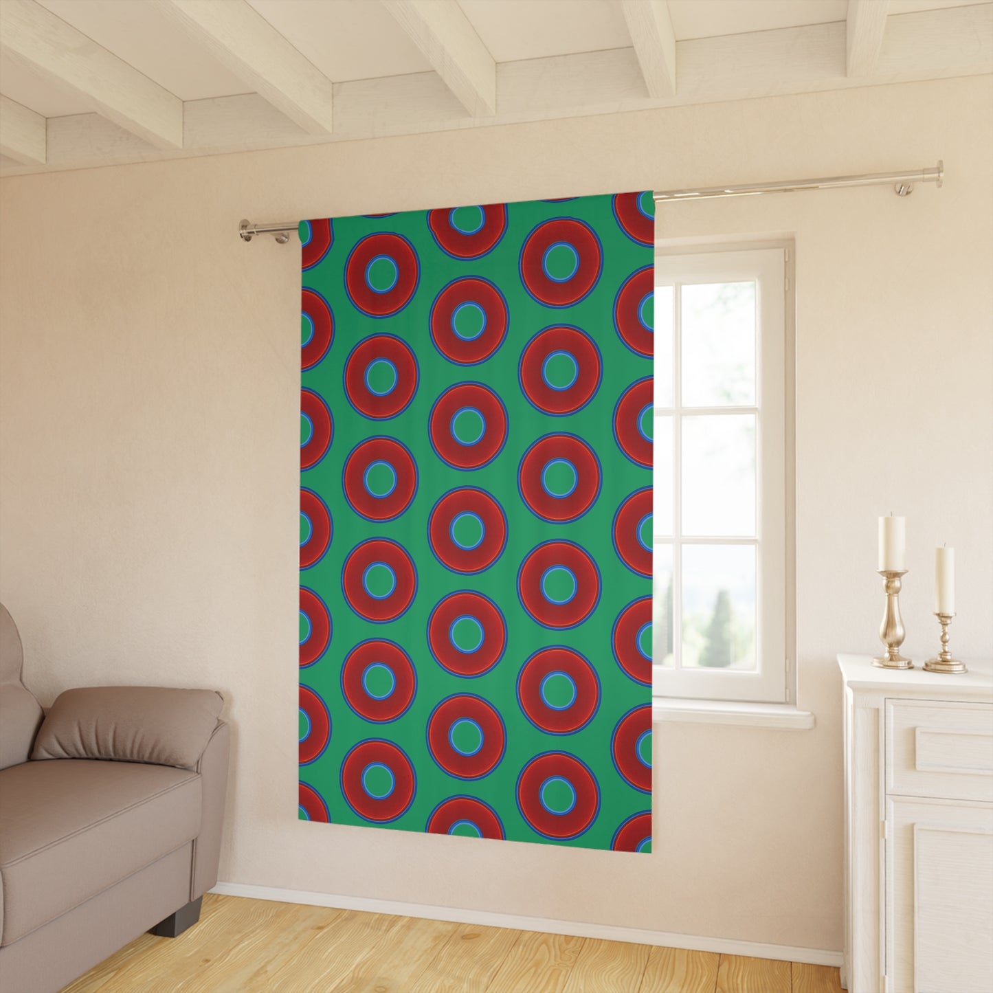 Lump's Heady Curtain w/Donuts - vivid red donut print - w/jade green background - [*1 Piece / 50" x 84"]