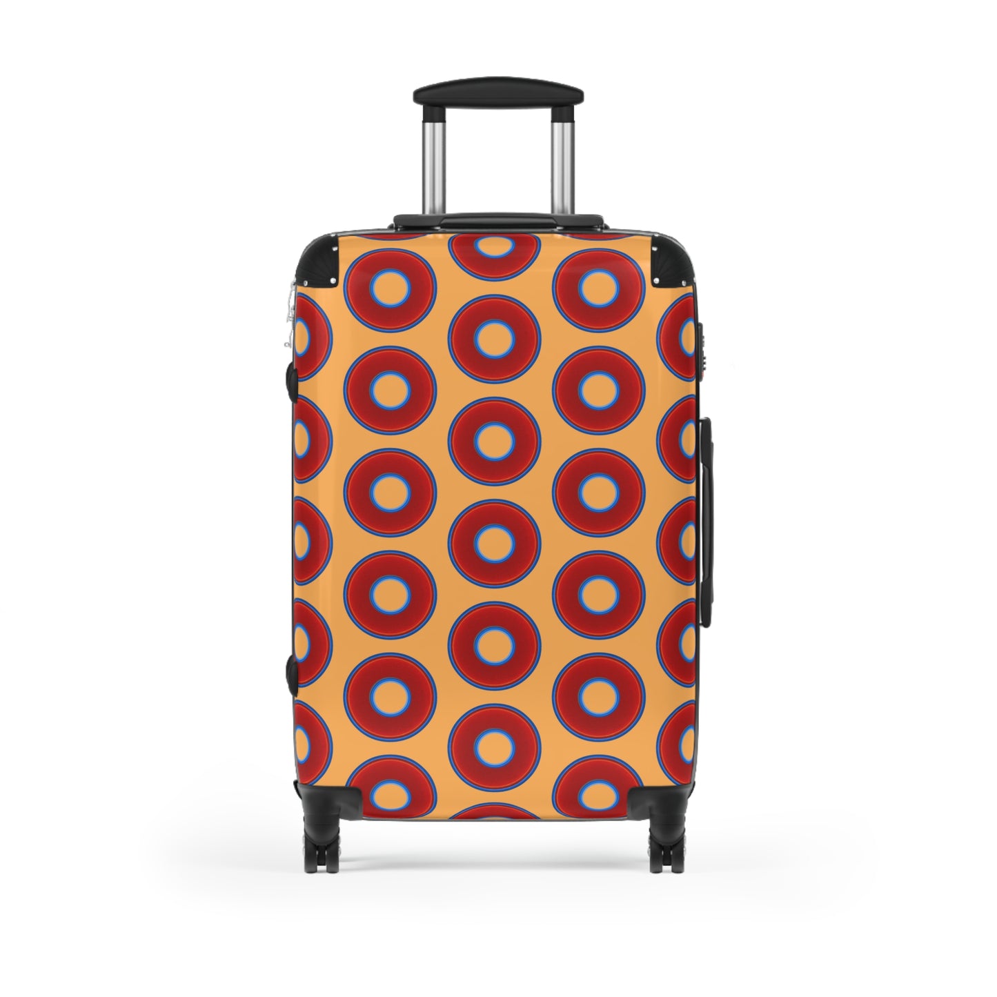 The Very Lumpy Donut Suitcase series - your choice of S, M or L - vivid red donut print w/creamcicle orange background