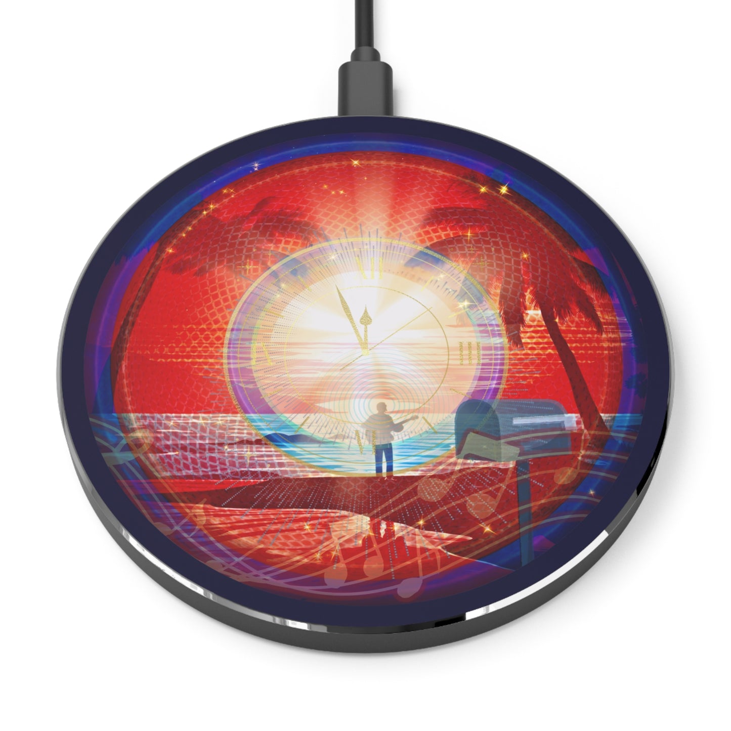 The Flow - Wireless Lumpy Donut Chargers - "Velvet Cake Wireless Donut Charger?" - rustic red pic donut w/midnight blue background