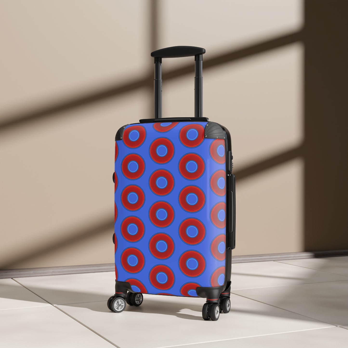 The Very Lumpy Donut Suitcase series - your choice of S, M or L - vivid red donut print w/royal blue background