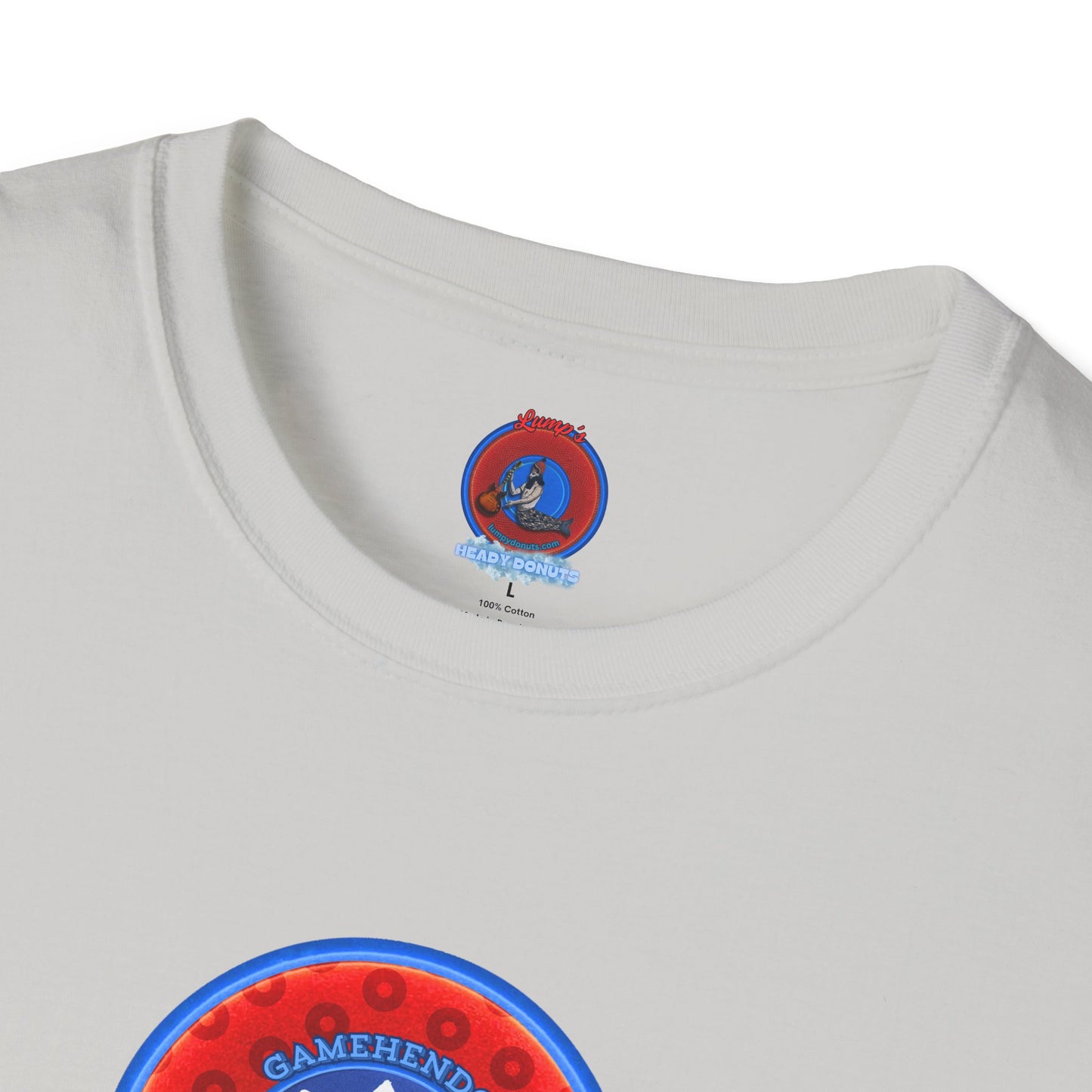Classic Donut Tee - Unisex Soft-Style - "Phishy Chips" - vivid red/blue widemouthed paradox donut