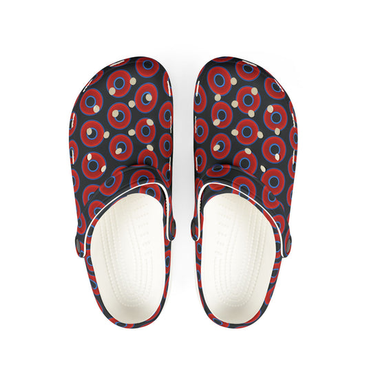 Spatchcocks - donut slip-on shoes - vivid red donuts w/blue charcoal background [unisex]