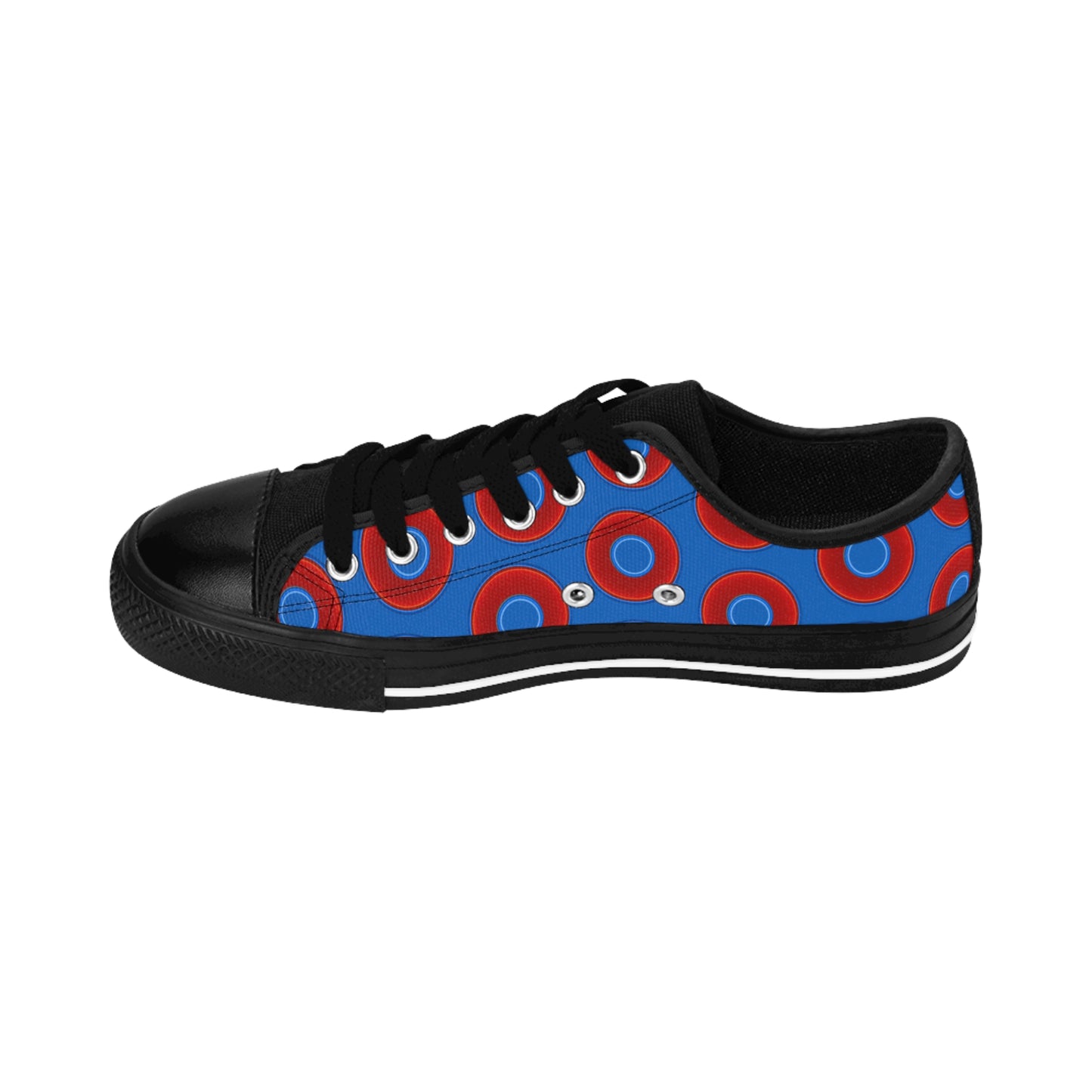 Women's Cushiony Convectors - Low Top - large red vivid donut print w/dark royal blue background