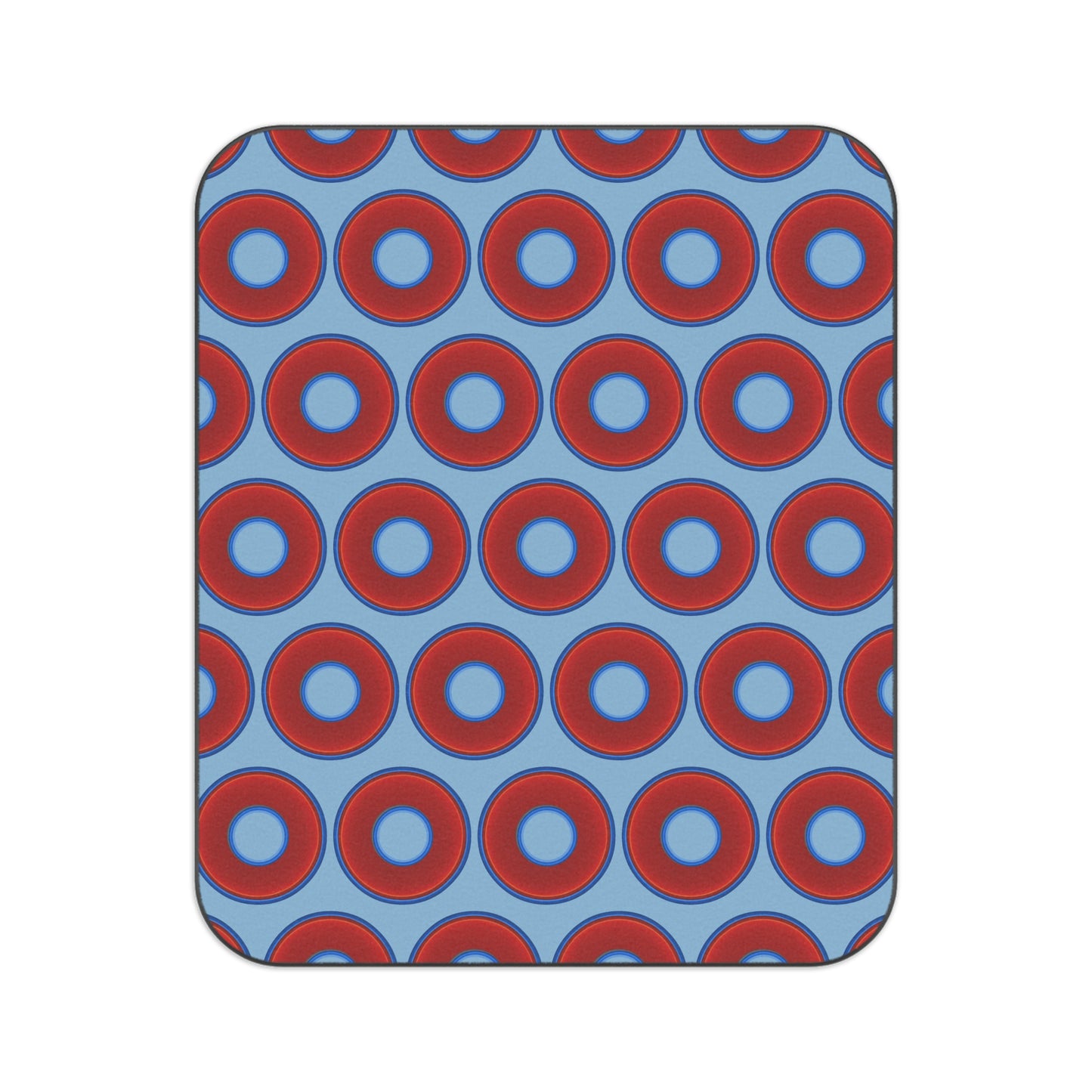 The Lumpy Party Blanket - giant water-resistant outdoor blanket [61" x 51"] - vivid red donuts w/light sky blue background