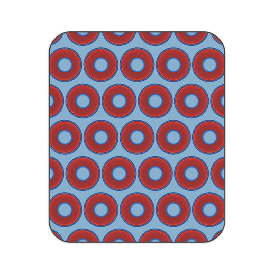 The Lumpy Party Blanket - giant water-resistant outdoor blanket [61" x 51"] - vivid red donuts w/light sky blue background