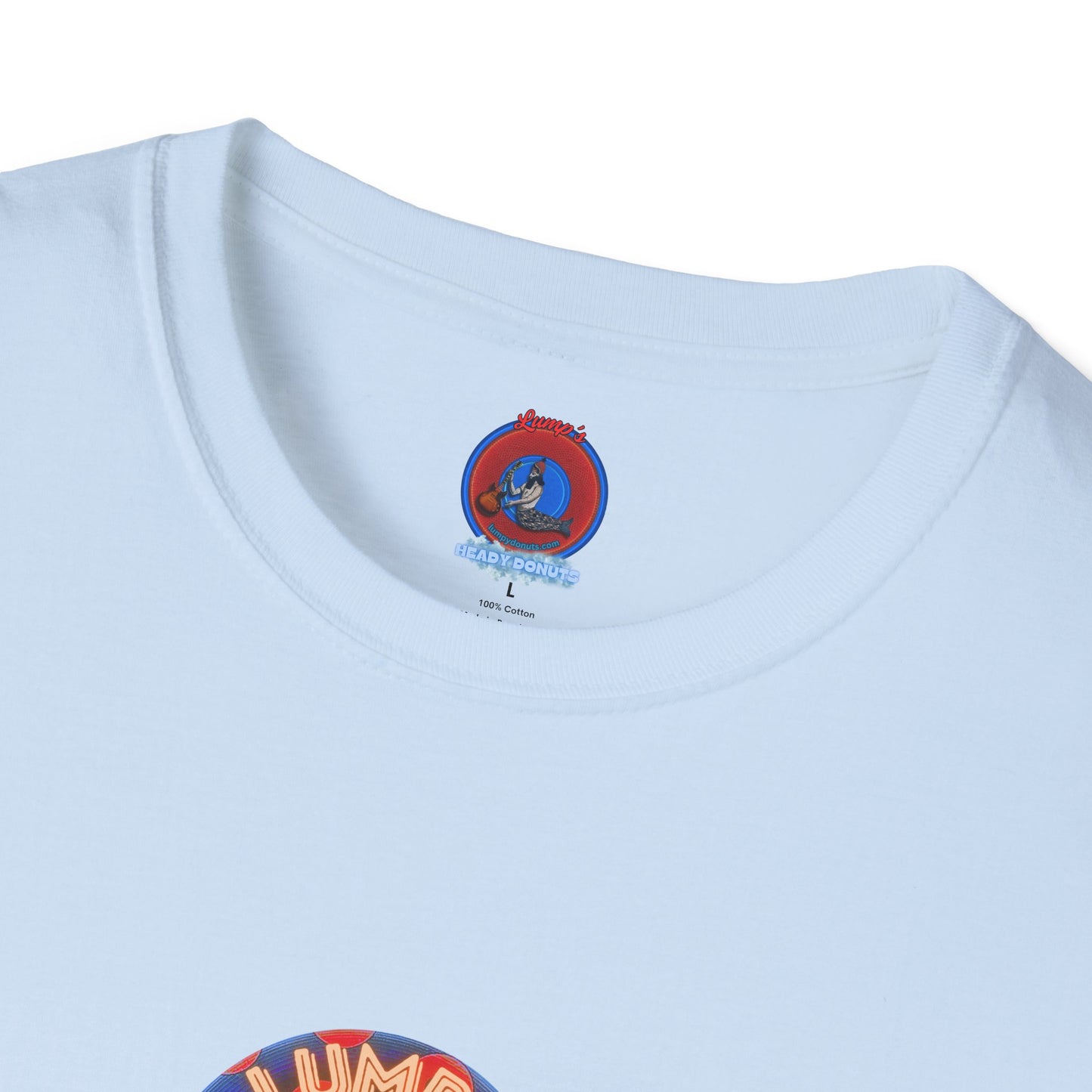 Coffee Traders Tee - Unisex Soft-Style - "Reba's Decaf: Coffee Grounds & Mud " - paradoxical donut - variant 2 - logo front/Reba back