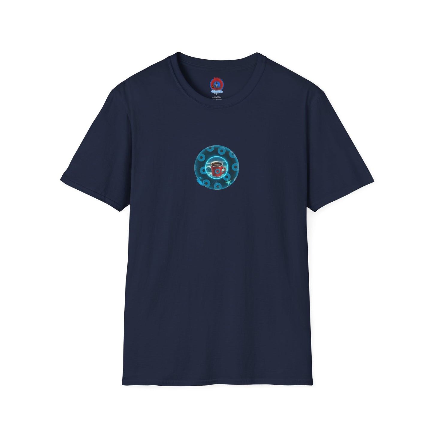 Lumpy Coffee Traders Tee - Unisex Soft-Style - "Good to Last Leaky Drop" - paradoxical donut - variant 2 - ocean donut front/logo back
