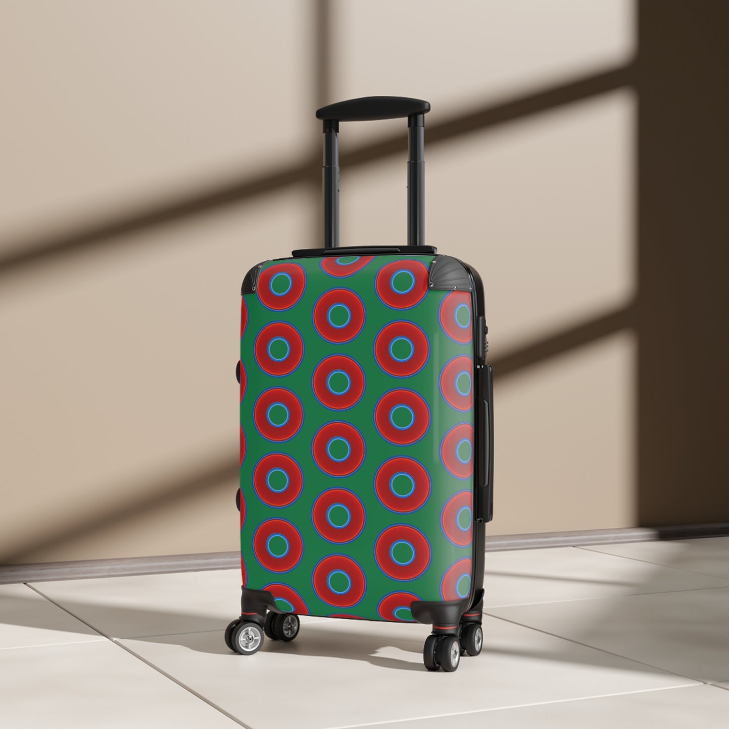 The Very Lumpy Donut Suitcase series - your choice of S, M or L - vivid red donut print w/dark green background