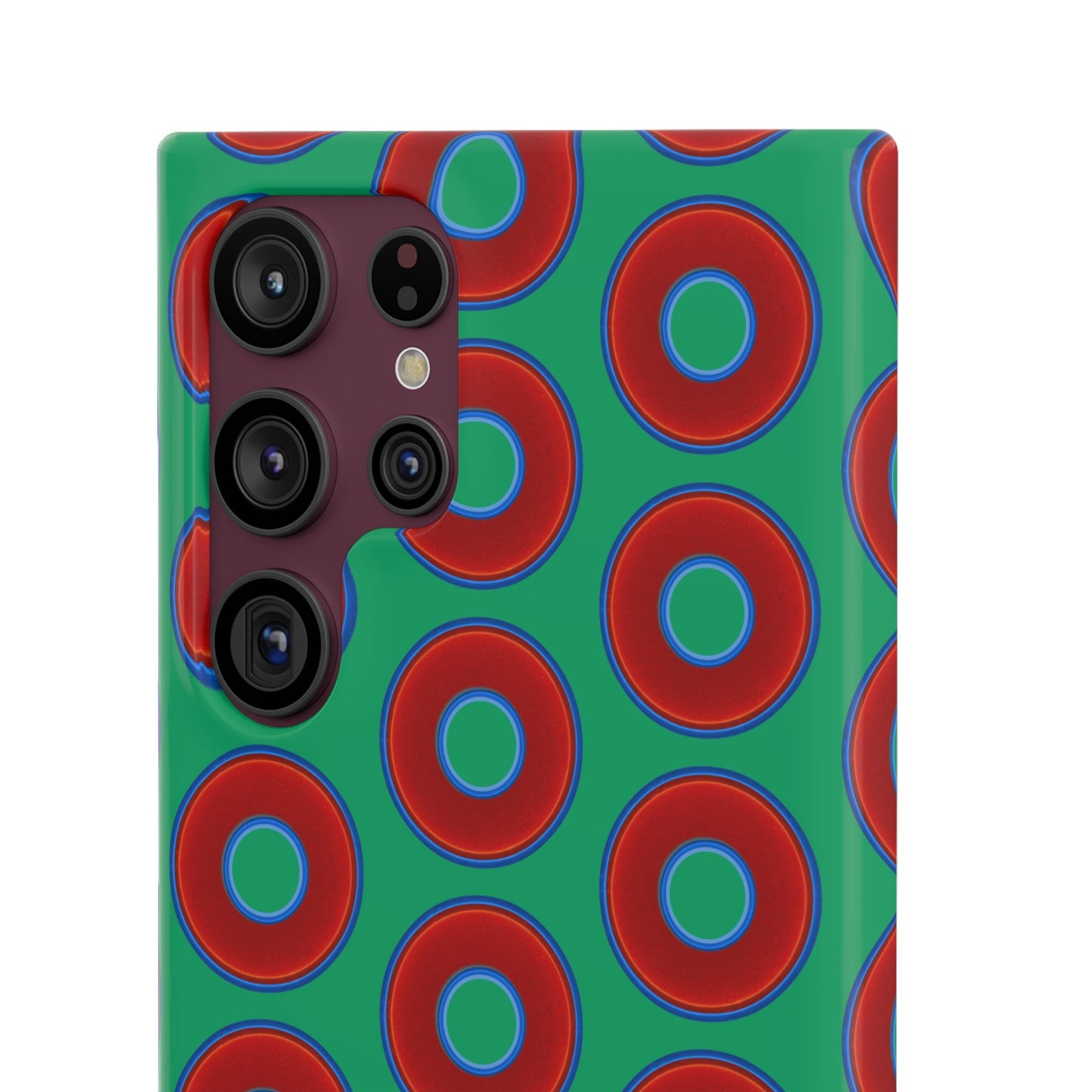 Lumpy Donut Snap Case - red vivid donut print w/jade green background