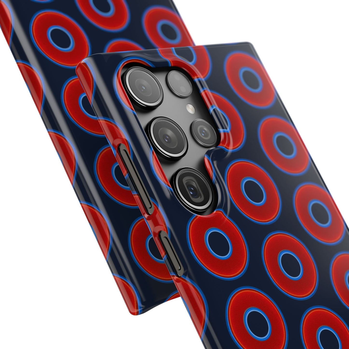 Lumpy Donut Snap Case - red vivid donut print w/midnight teal blue background