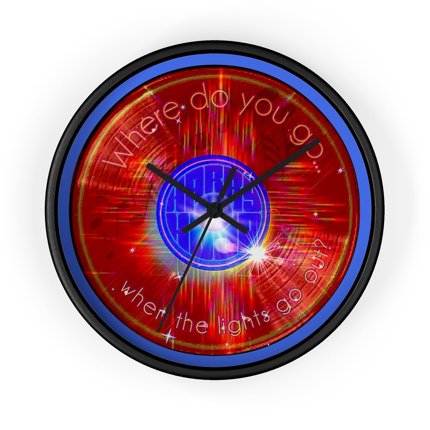 Lumpy Wall Clock - "Harry Hoodlum Donut Clock" - variant 1 - red vivid/word donut w/royal blue background