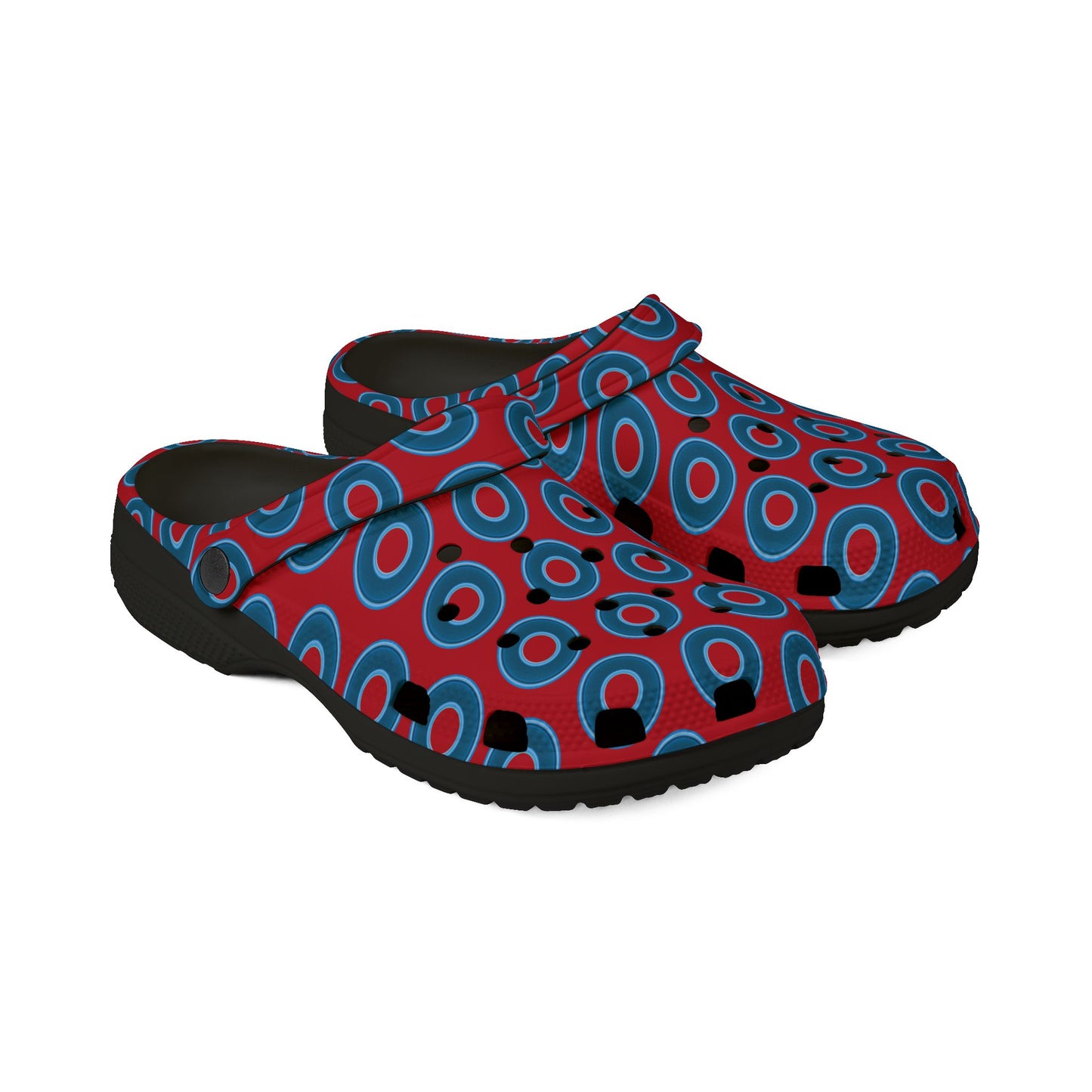 Spatchcocks - donut slip-on shoes - blue rustic donuts w/red background [unisex]