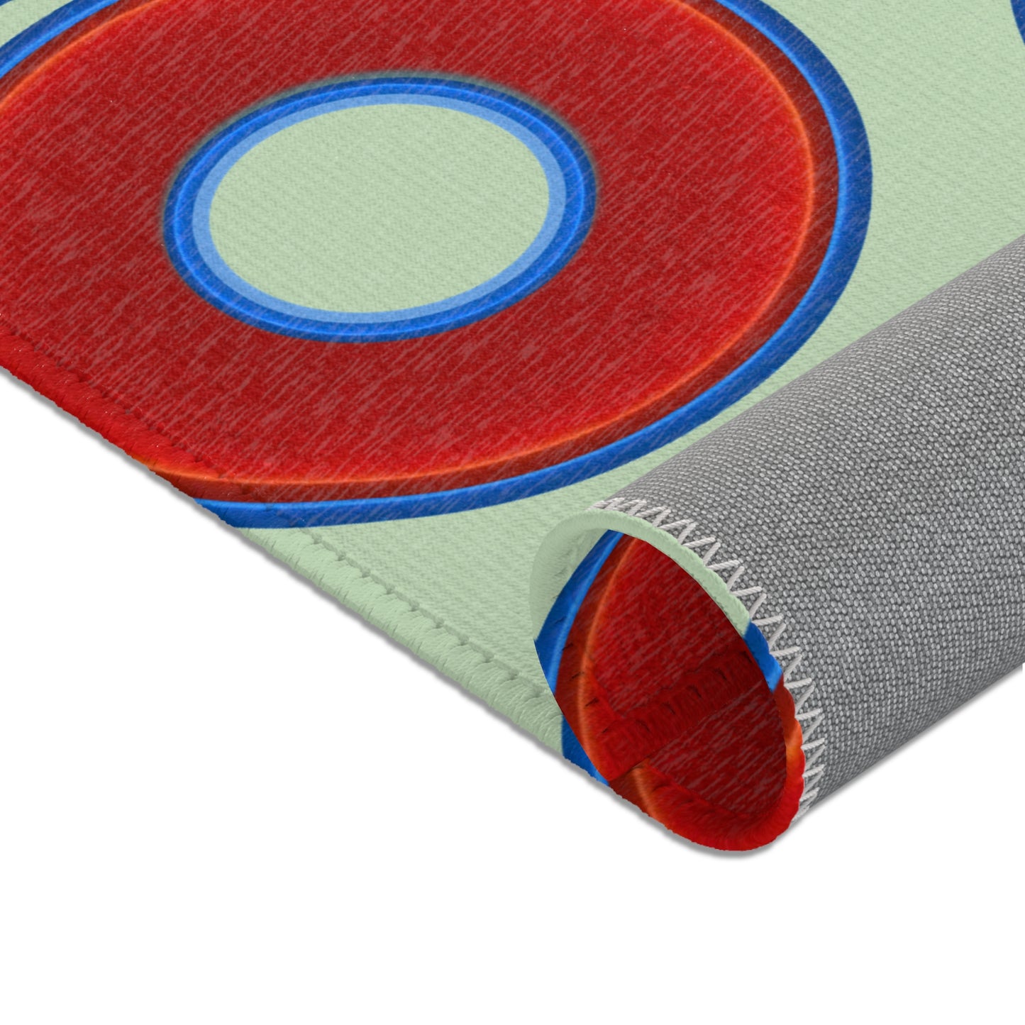 Lumpy Donut Print Rug - choice of 3 sizes - vivid red donut print w/seafoam background