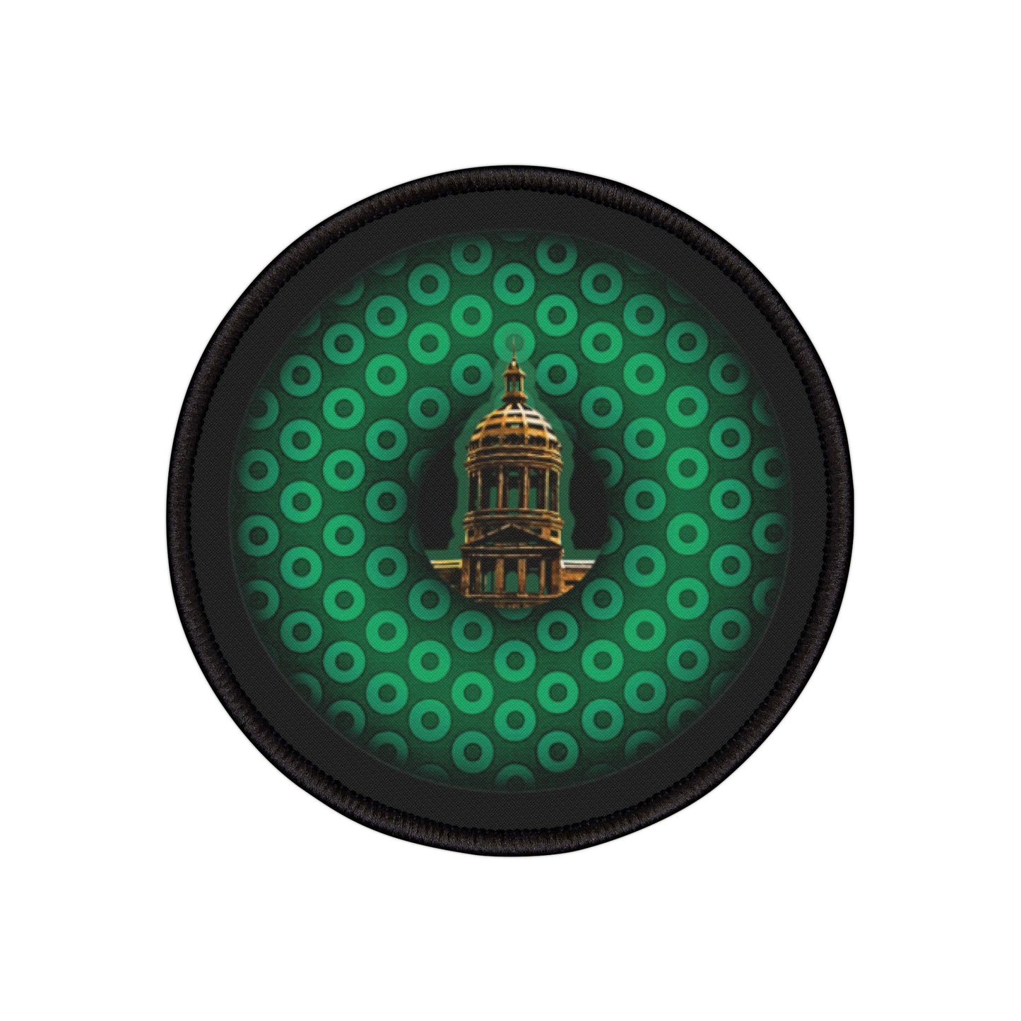 Iron-On Donut Patch - "Save Mondegreen City Hall" - green paradoxical donut - variant 1