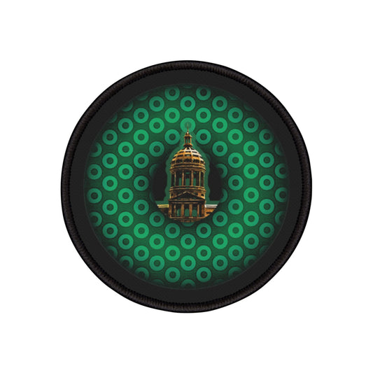 Iron-On Donut Patch - "Save Mondegreen City Hall" - green paradoxical donut - variant 1