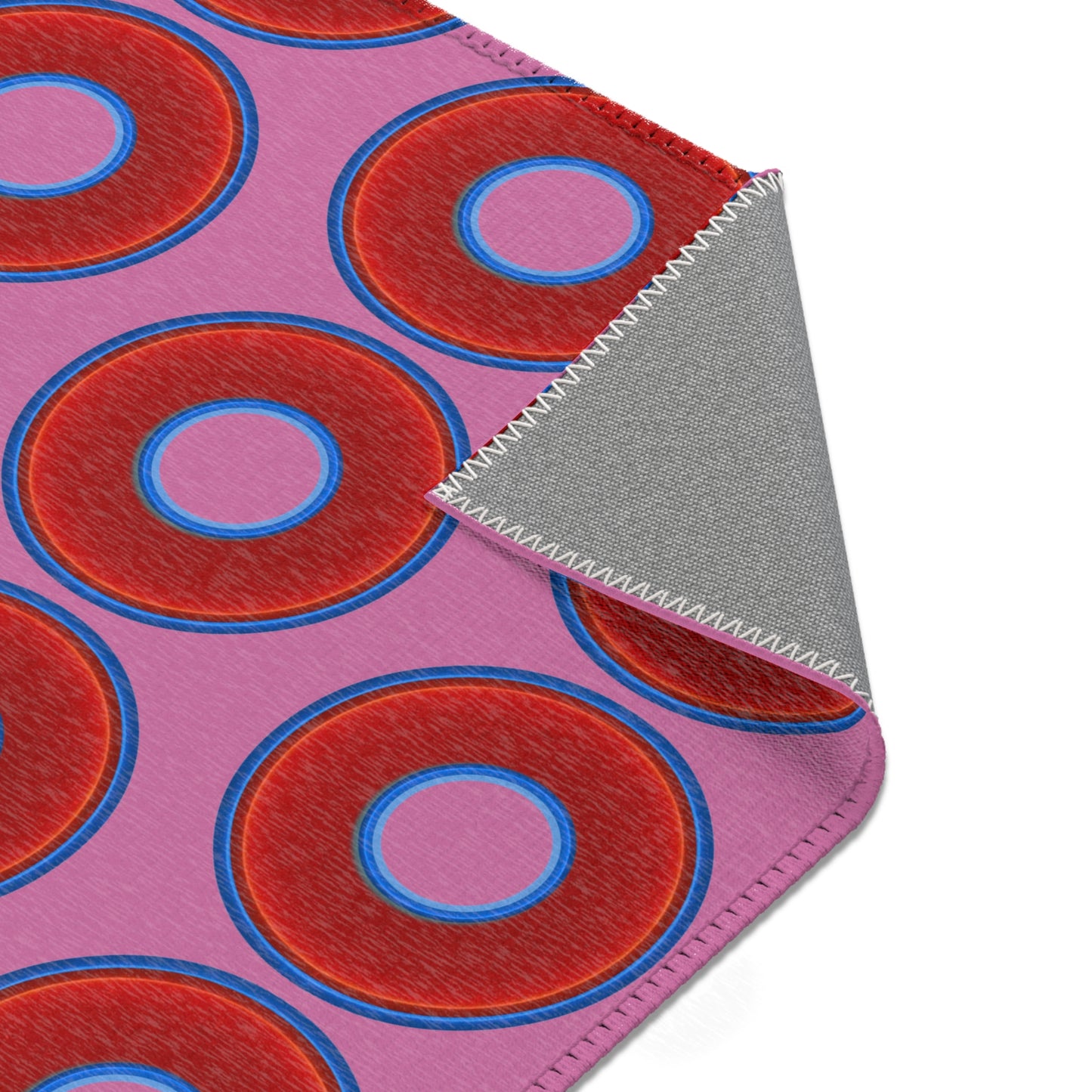 Lumpy Donut Print Rug - choice of 3 sizes - vivid red donut print w/pink background