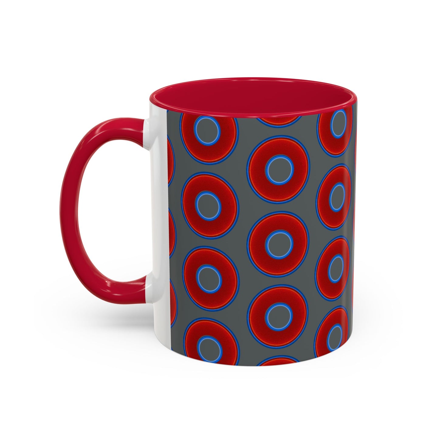 Lump's Grumpy Coffee Mug - vivid red donuts w/dark gray background