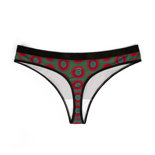 Lumpy Donut Thongs - red vivid donut print w/dark Fenway green background