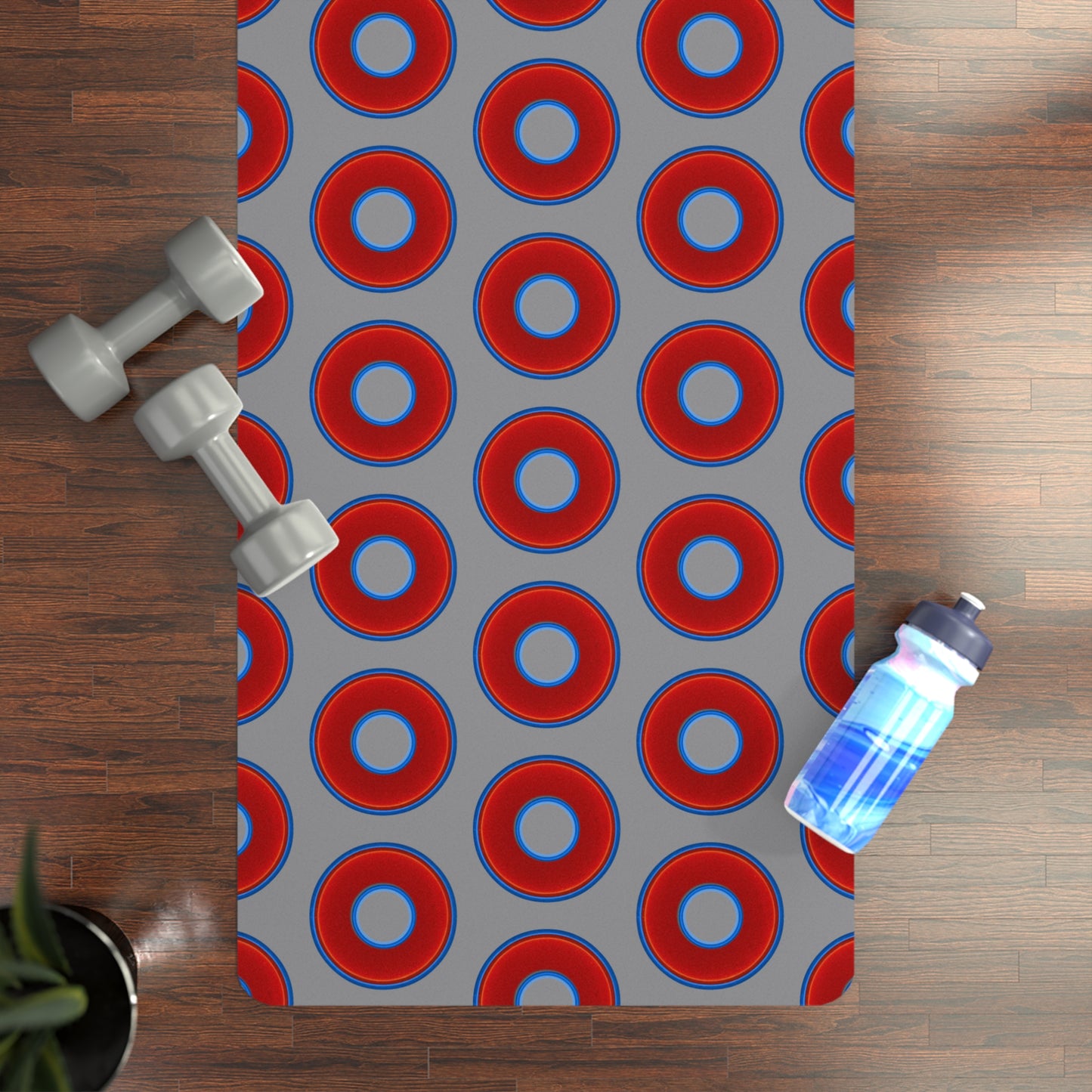 Lumpy Donut Yoga Mat :) - 24″ x 70" - vivid red donut print w/gray background