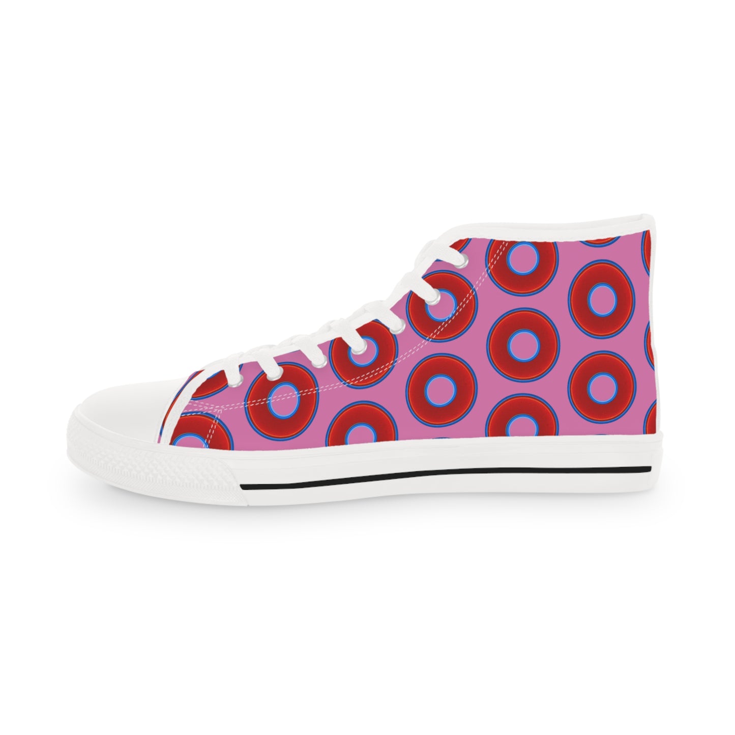 Men's High Top Chucks - large vivid red donut print w/pink background