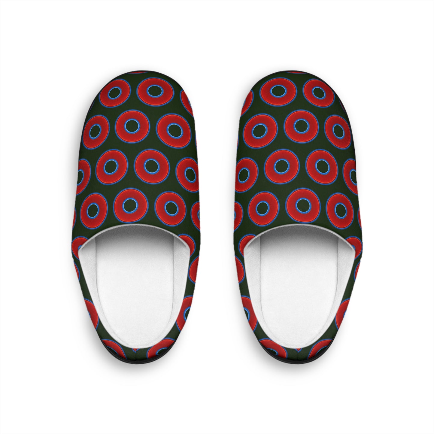 Women's Lumpy Slippers - red vivid donut print w/deep forest green background