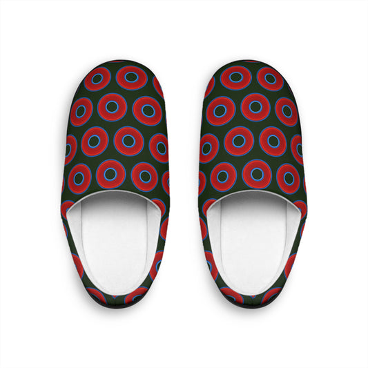 Women's Lumpy Slippers - red vivid donut print w/deep forest green background