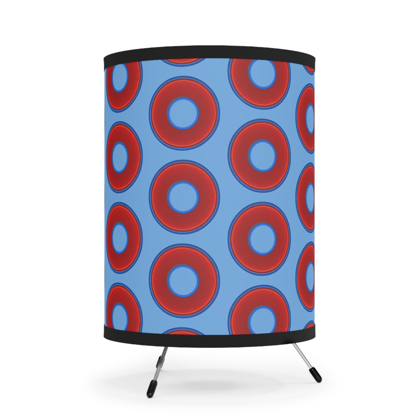 Lumpy Tripod Donut Lamp - vivid red donuts w/light blue background