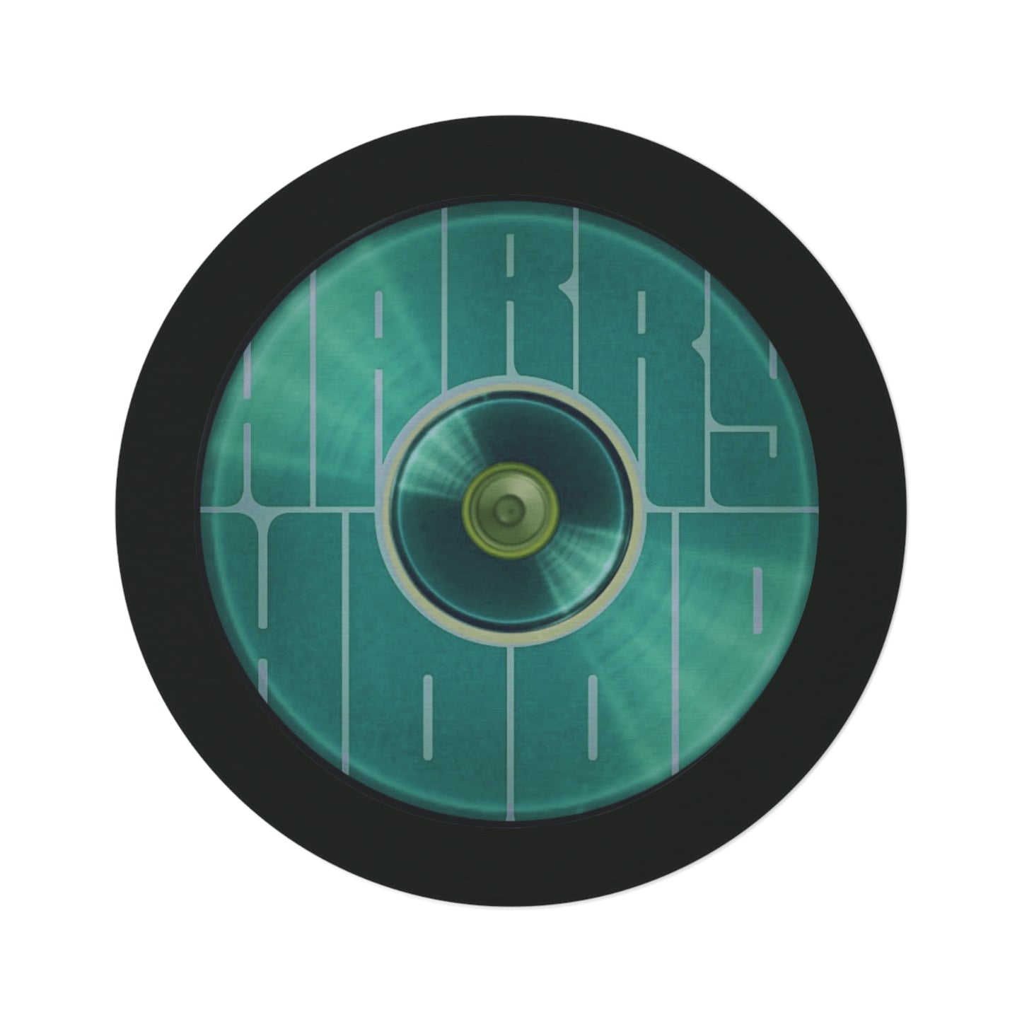 Round Room - 5 ft x 5 ft Lumpy Donut Rug - "Harry's Hoodlum Donut Rug" - vivid green word donut w/deep forest green background - variant 2