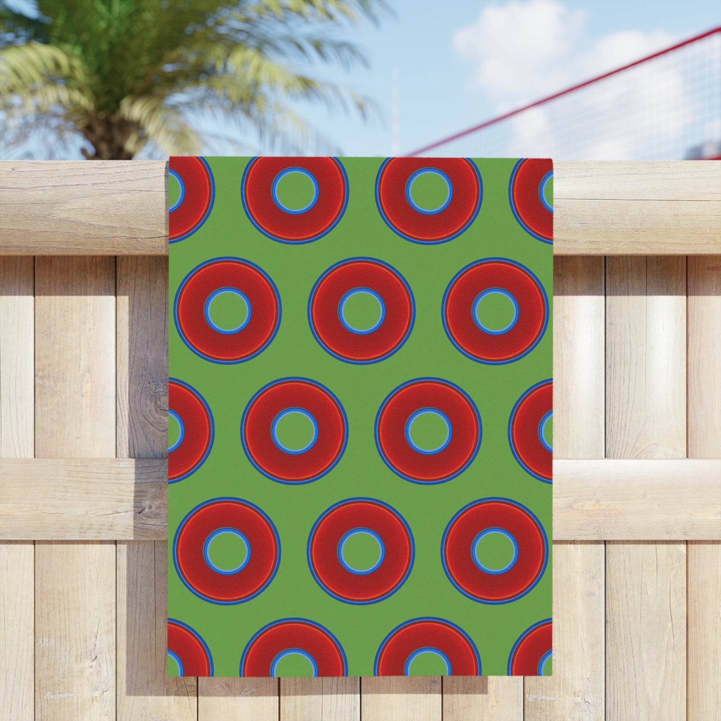 Lumpy Donut Towels - vivid red donuts w/light green background