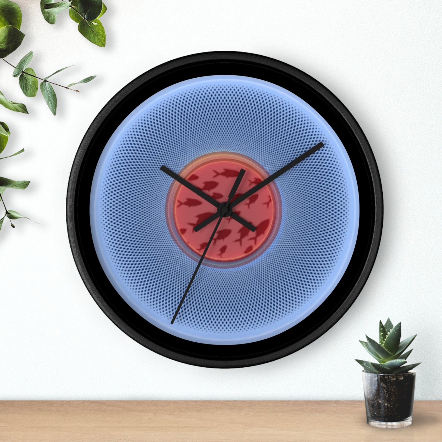 Lumpy Wall Clock - "Swimming by Donut Clocks" - variant 2 - light blue/red phatty donut w/black background
