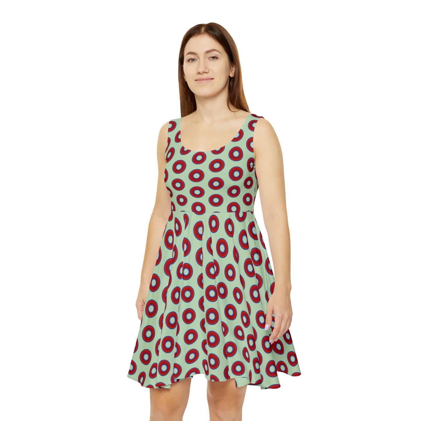 Women's Skater Donut Dress - vivid red donut print w/seafoam background