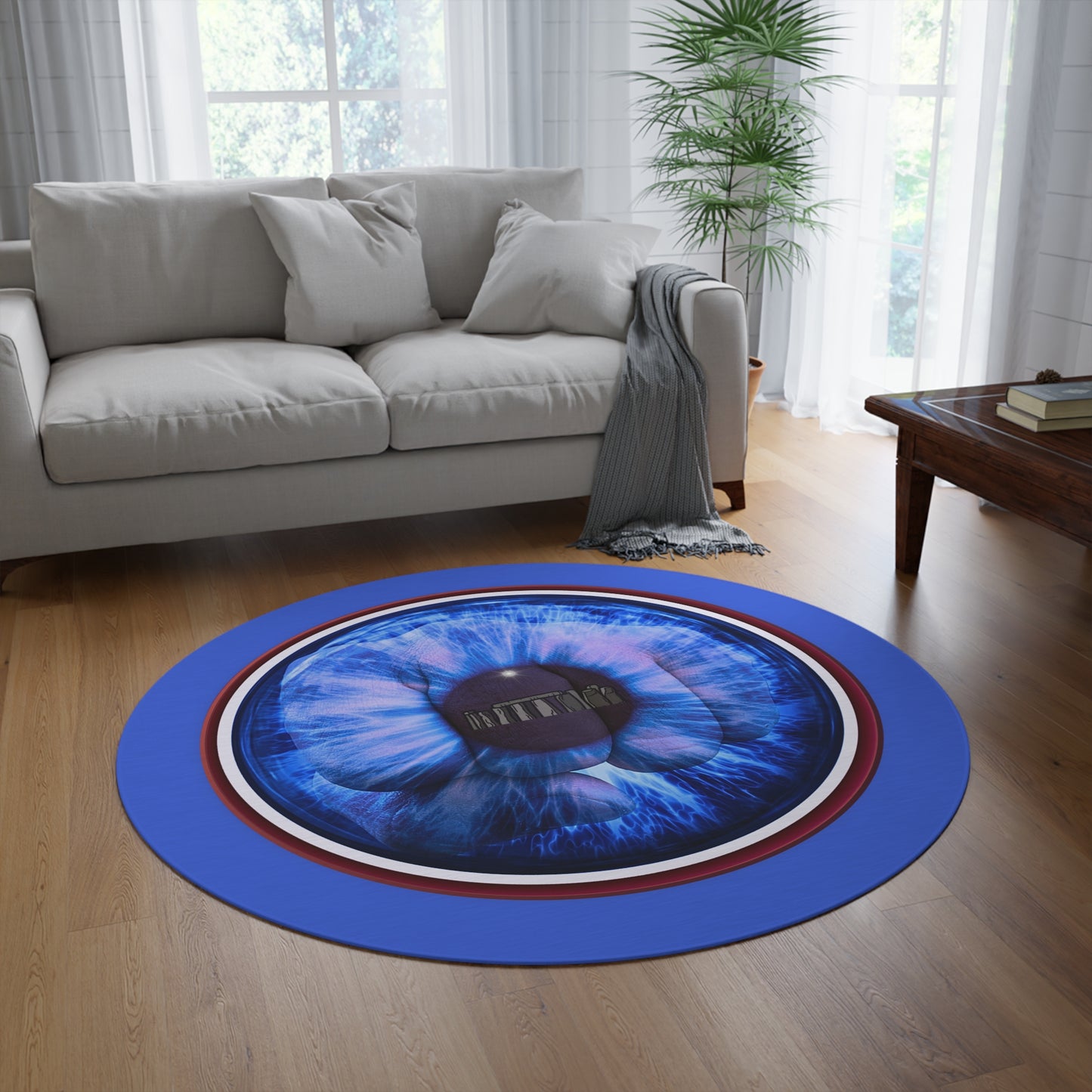 Round Room - 5 ft x 5 ft Lumpy Donut Rug - "Wilson's Eyesore of a Donut Rug" - blue/red idonut w/royal blue background - variant 3