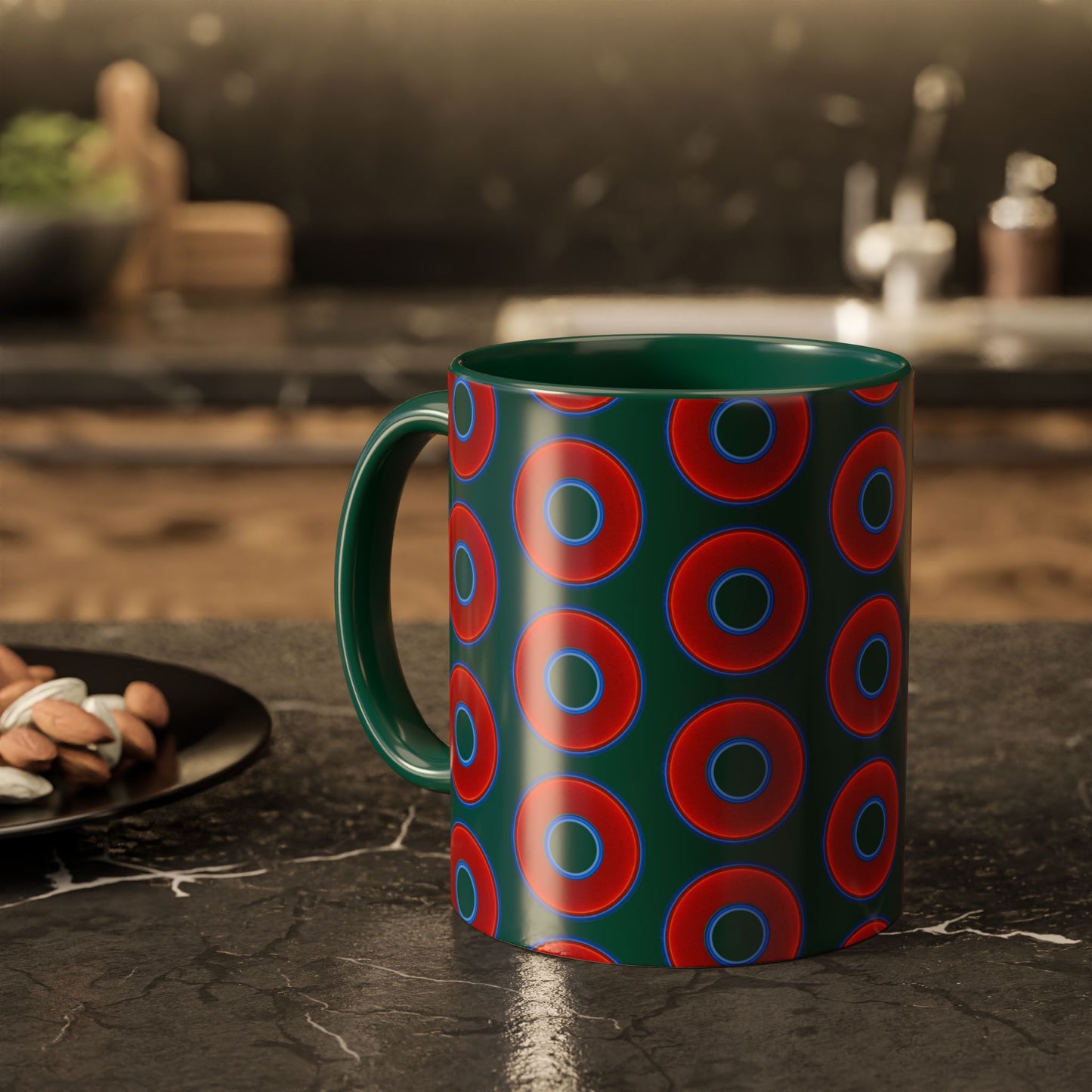 Lump's Grumpy Coffee Mug - vivid red donuts w/dark Fenway green background