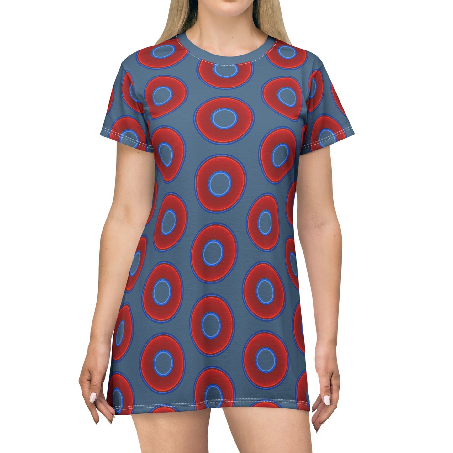 Not a Muumuu AOP Tee Shirt Dress - red vivid donuts w/steel blue background