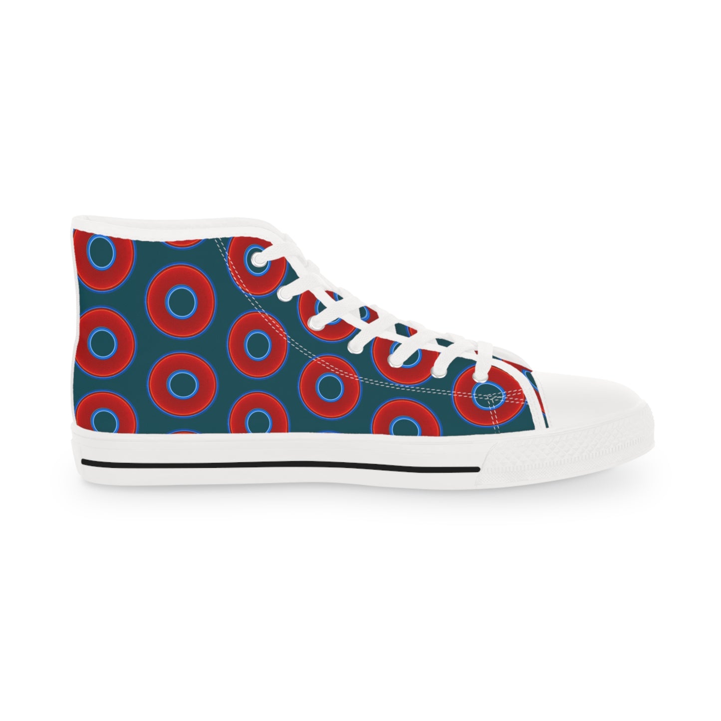 Men's High Top Chucks - large vivid red donut print w/midnight teal green background