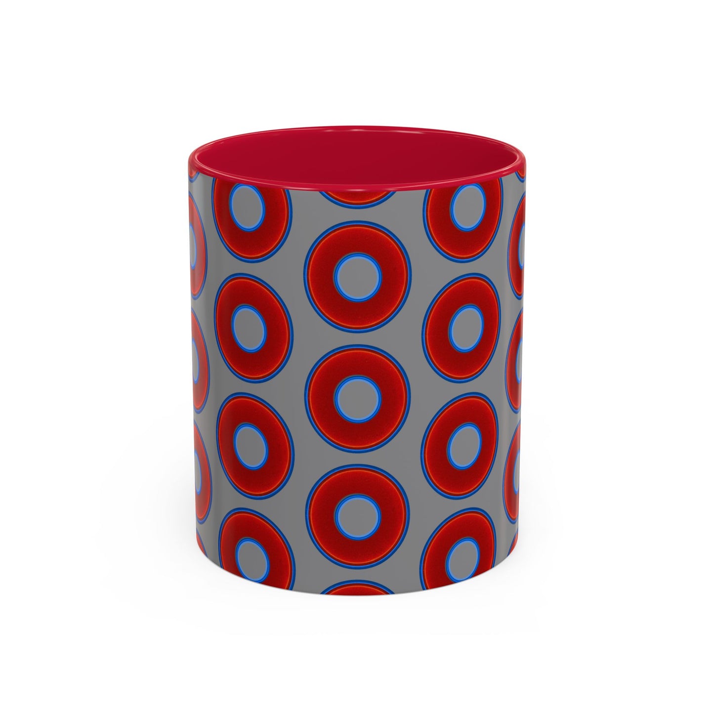 Lump's Grumpy Coffee Mug - vivid red donuts w/gray background