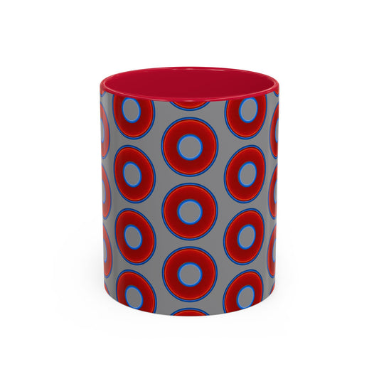 Lump's Grumpy Coffee Mug - vivid red donuts w/gray background