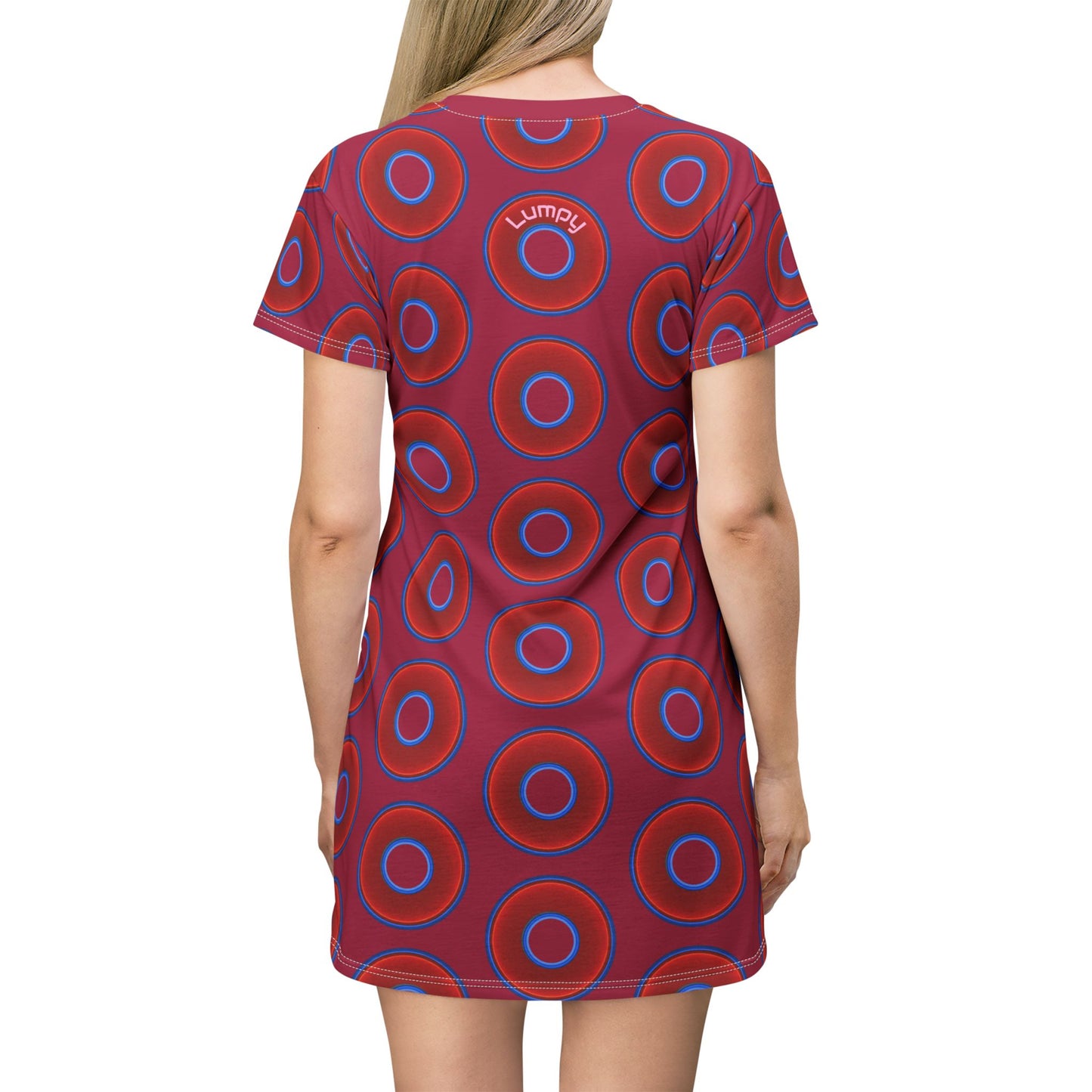 Not a Muumuu AOP Tee Shirt Dress - red vivid donuts w/dark magenta background