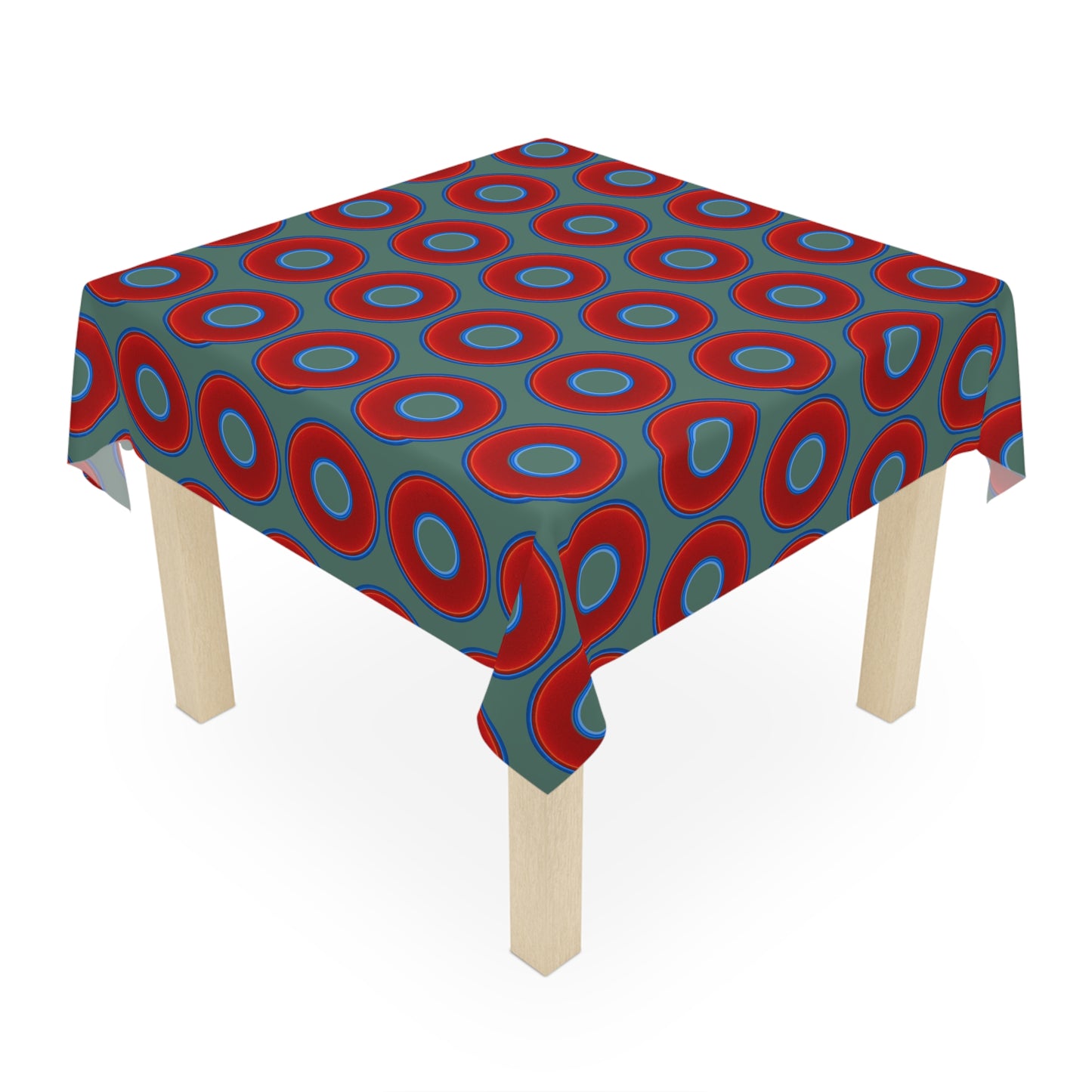Lumpy Tablecloth - 55.1" x 55.1" - vivid red donuts w/Fenway green background