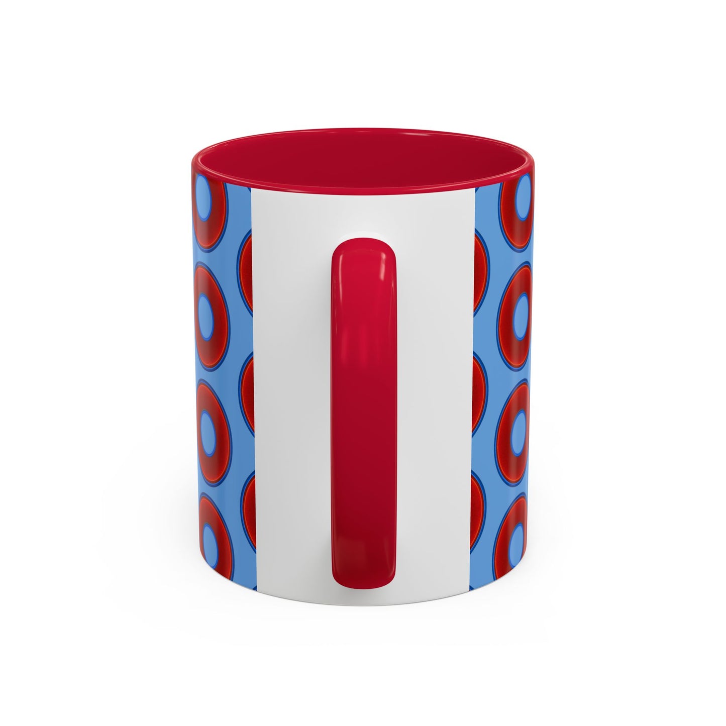 Lump's Grumpy Coffee Mug - vivid red donuts w/light blue background