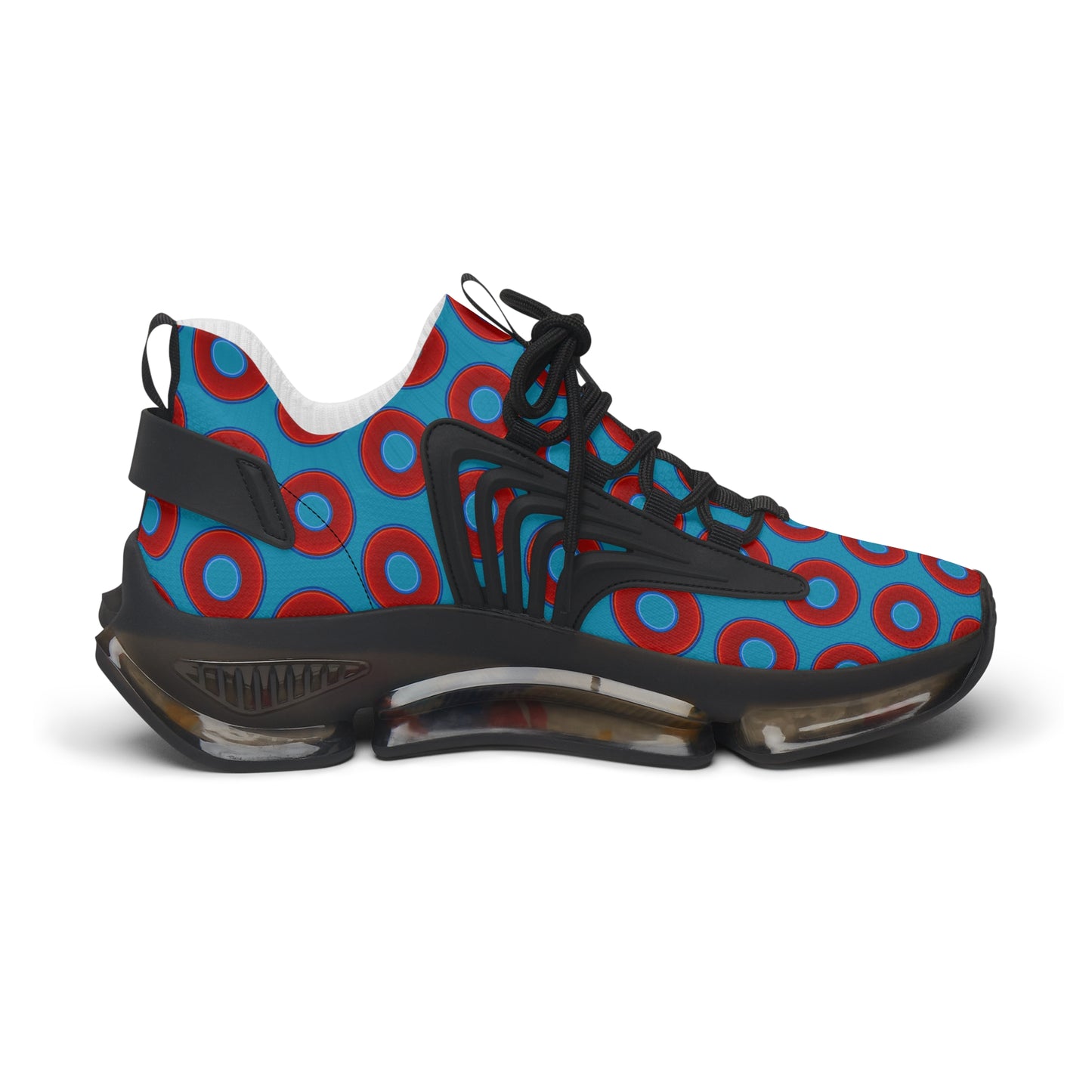 Women's Donut Kicks - red vivid donut print w/aquamarine blue background