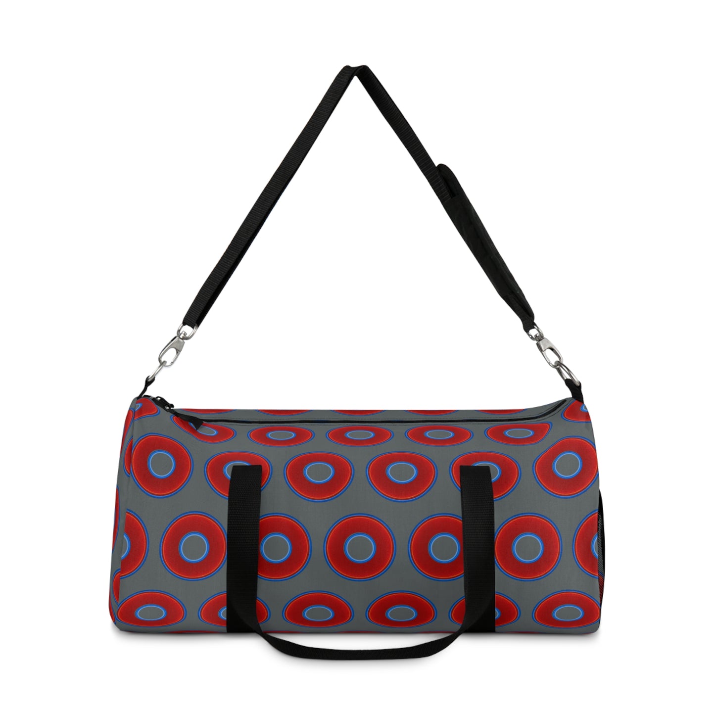 Lumpy Duffel - vivid red donuts w/dark gray background