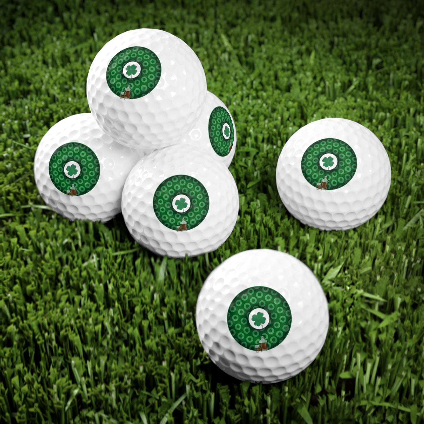 Lumpy Donut Golf Balls - 6-pack - "Patron Saint of Golf Balls" - green/light green caviar paradox donut - w/4-leaf clover & whiskey - variant 2