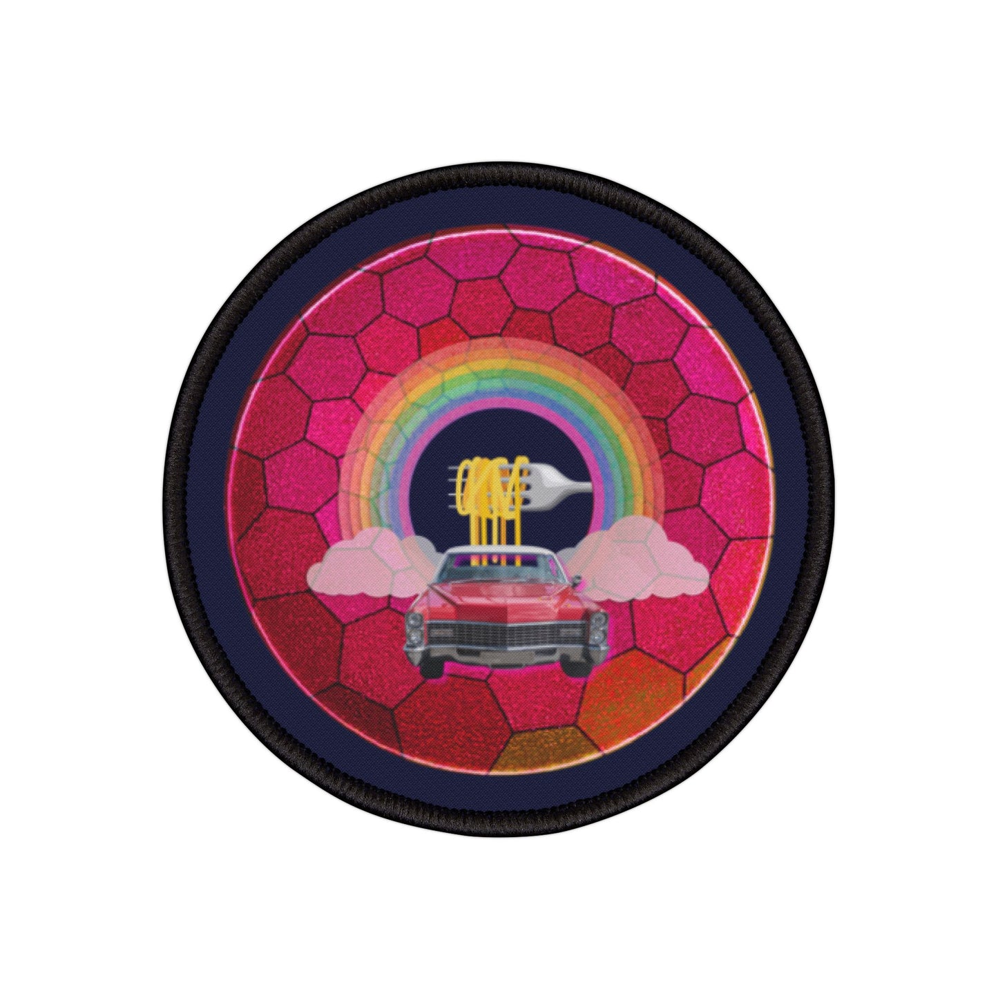 Iron-On Donut Patch - "Cadillac Rainbow Donut Patch" - magenta hexadonut - variant 1