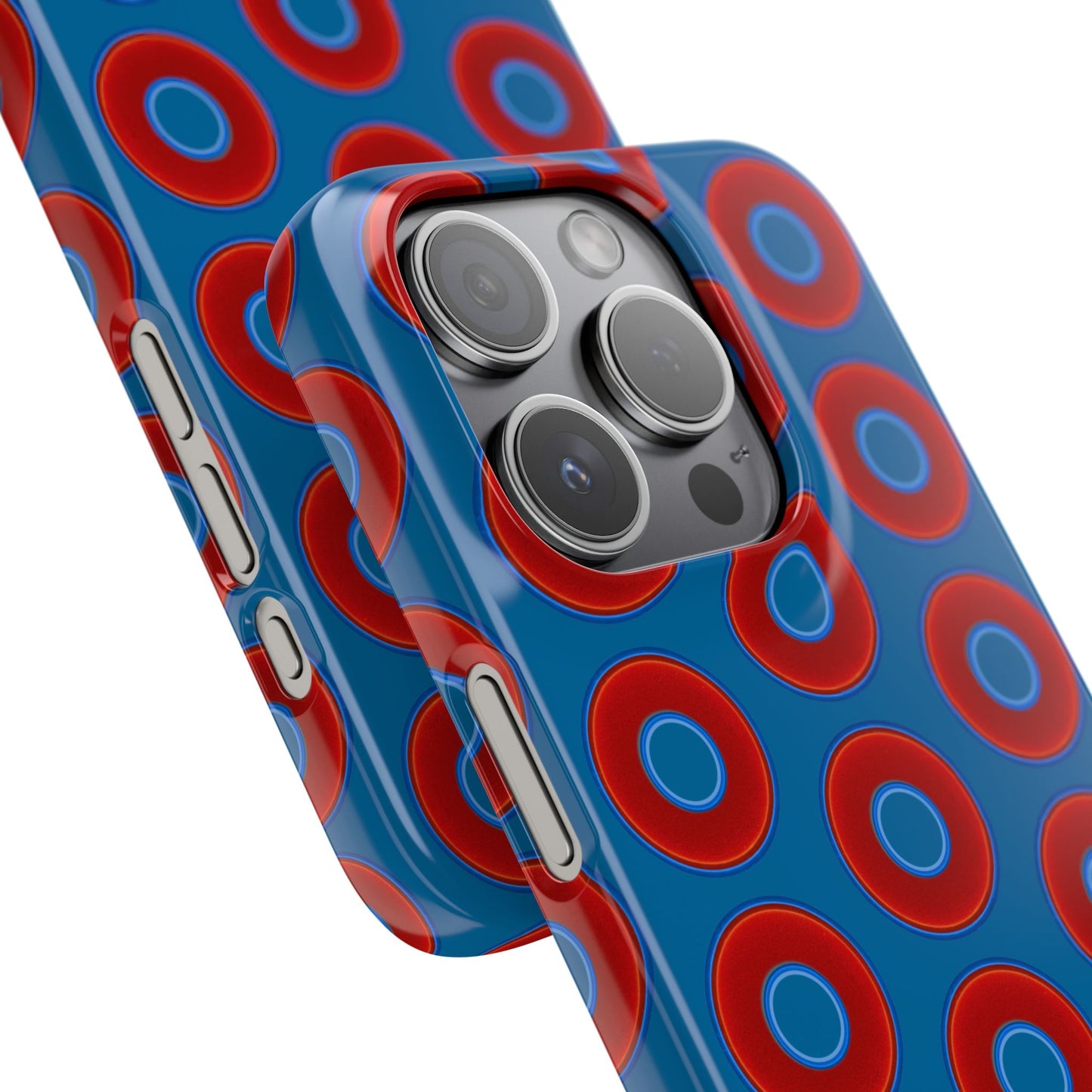 Lumpy Donut Snap Case - red vivid donut print w/wavy navy blue background