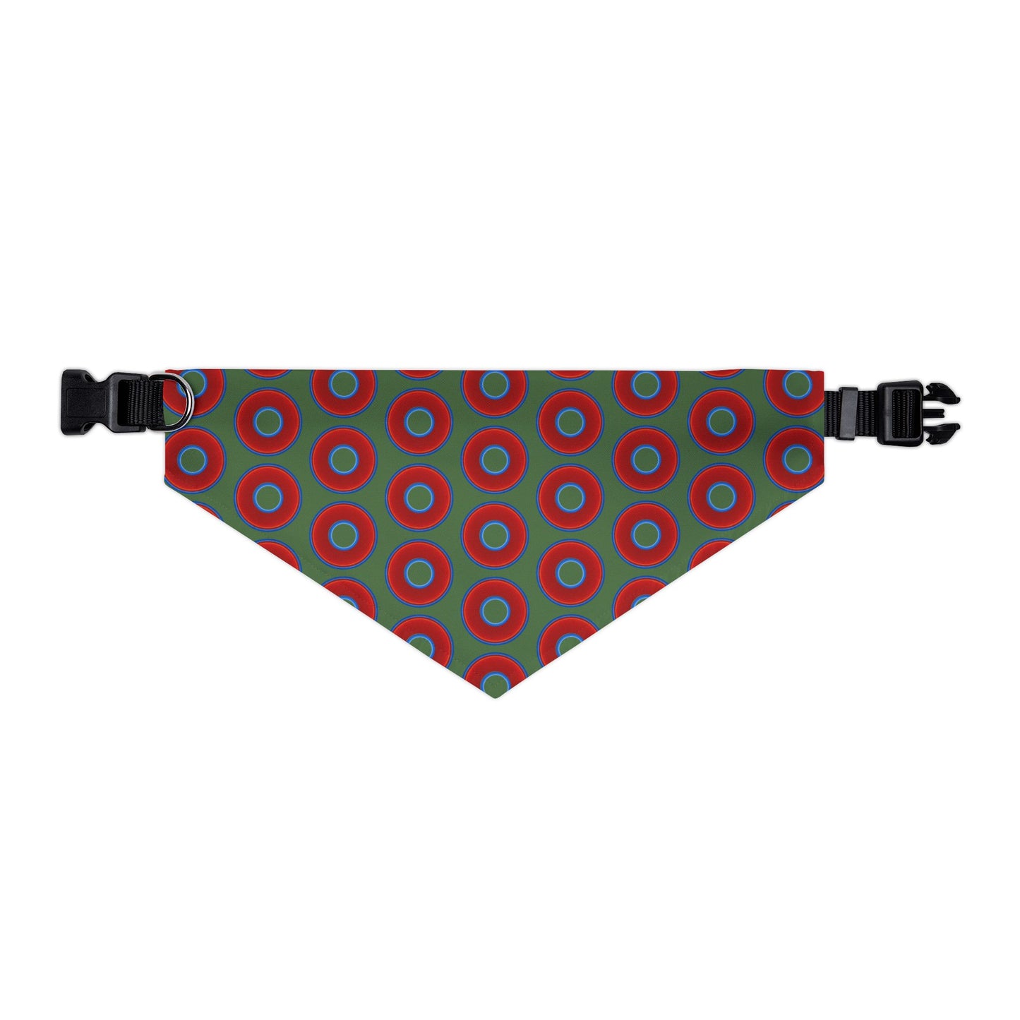 Jim's Lumpy Bandana Pet Collar - vivid red donuts w/dark green background